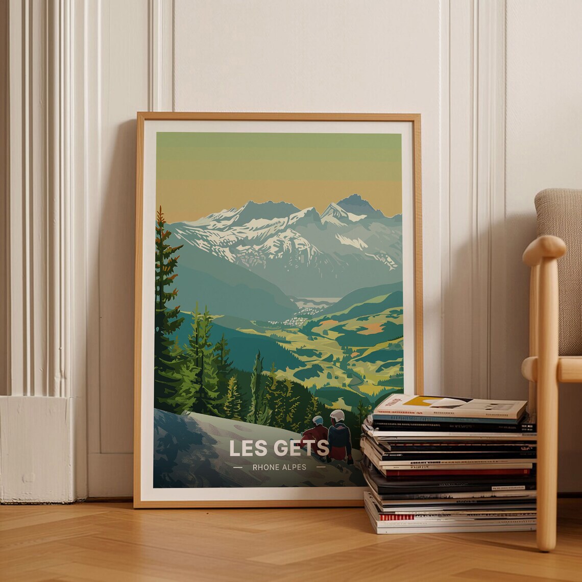 French Alps Skiing Retro Travel Poster, Les Gets