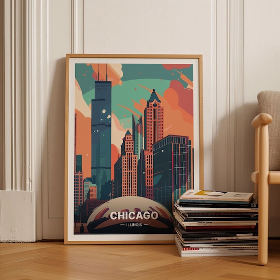 Chicago Illinois Skyline Poster Retro Cityscape Cloud Gate Art