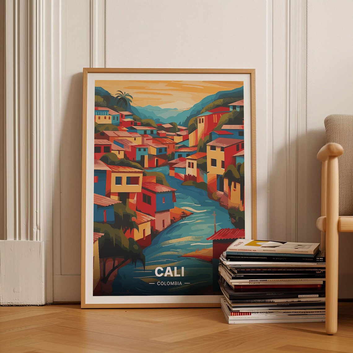 Cali Colombia Colorful Hillside Neighborhood River Travel Poster
