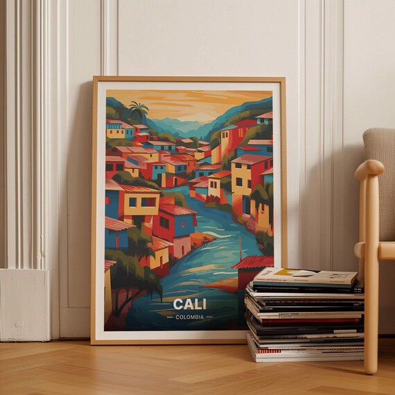 Cali Colombia Colorful Hillside Neighborhood River Travel Poster