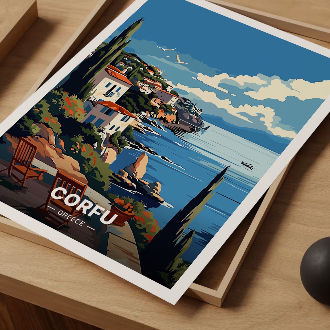 Corfu Greece Coastal Village Terrace Sea View Cypress Island Poster - Image 3
