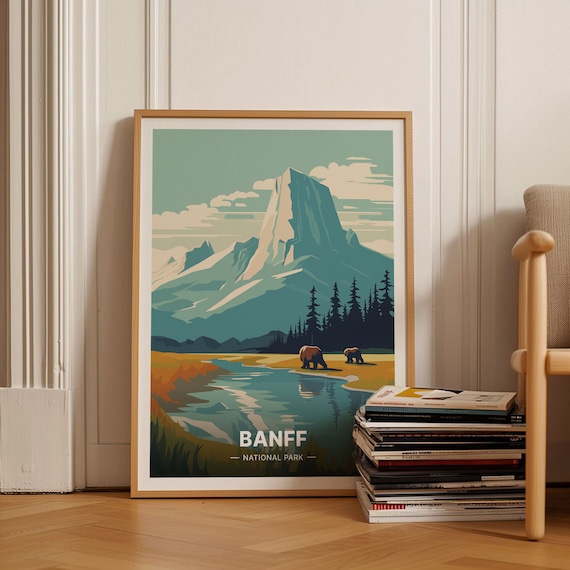 Banff National Park Travel Poster Mountain Lake Bear Wildlife Art