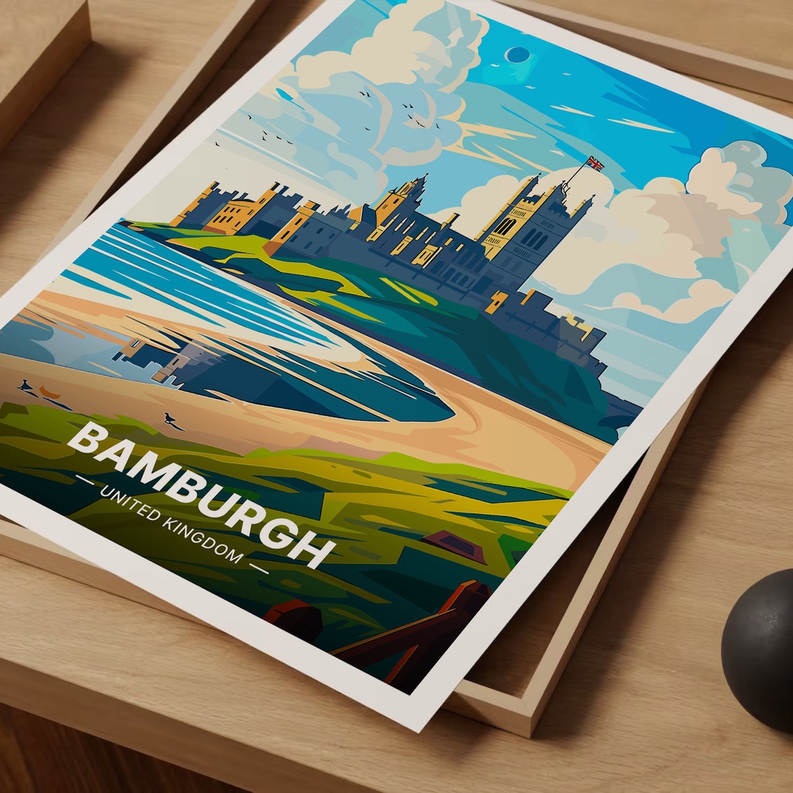 Bamburgh Castle Travel Poster United Kingdom Coast Beach Scene Art - Image 3