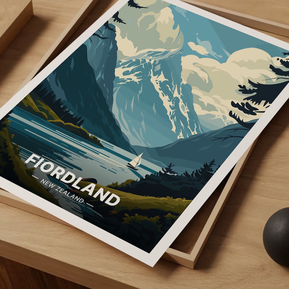 Fiordland New Zealand Snowy Peak Fiord Sailboat Alpine Travel Poster - Image 3