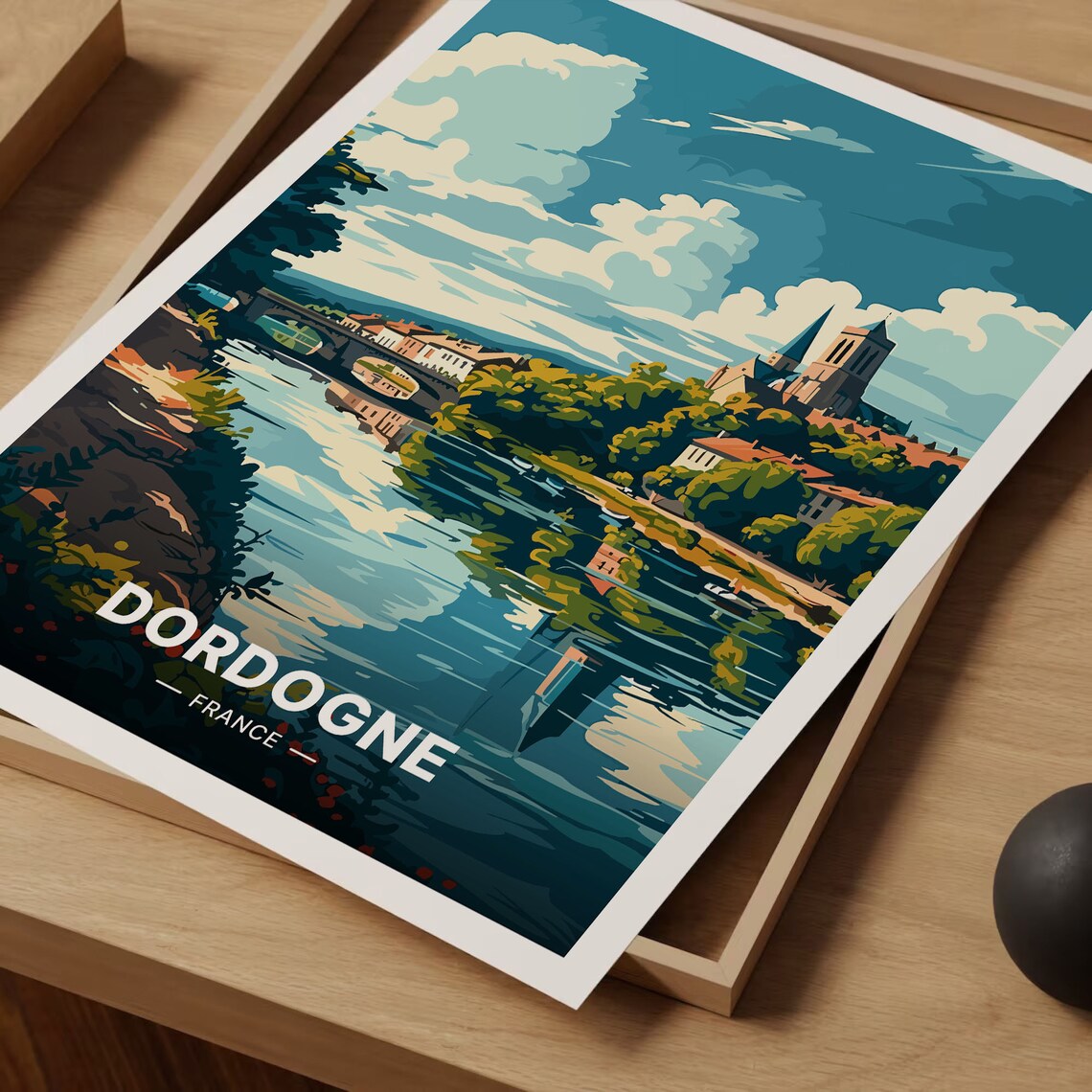Dordogne France River Town Church Bridge Reflection Travel Poster - Image 3