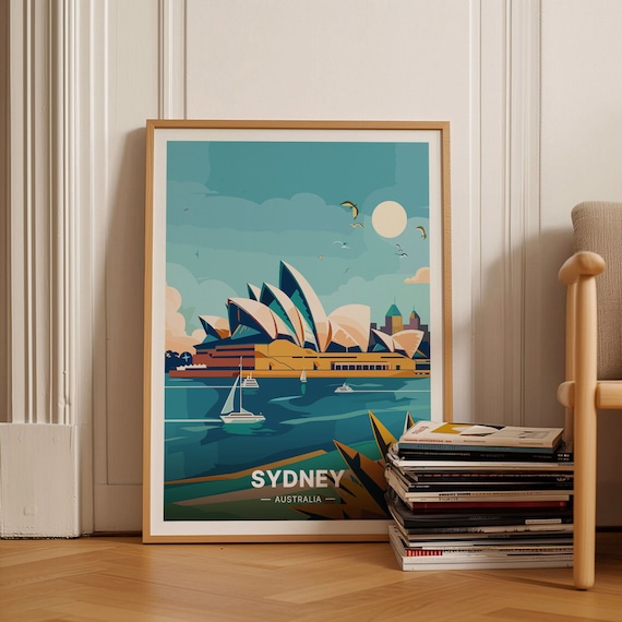 Sydney Australia Travel Poster Opera House Harbor Sailboats Art