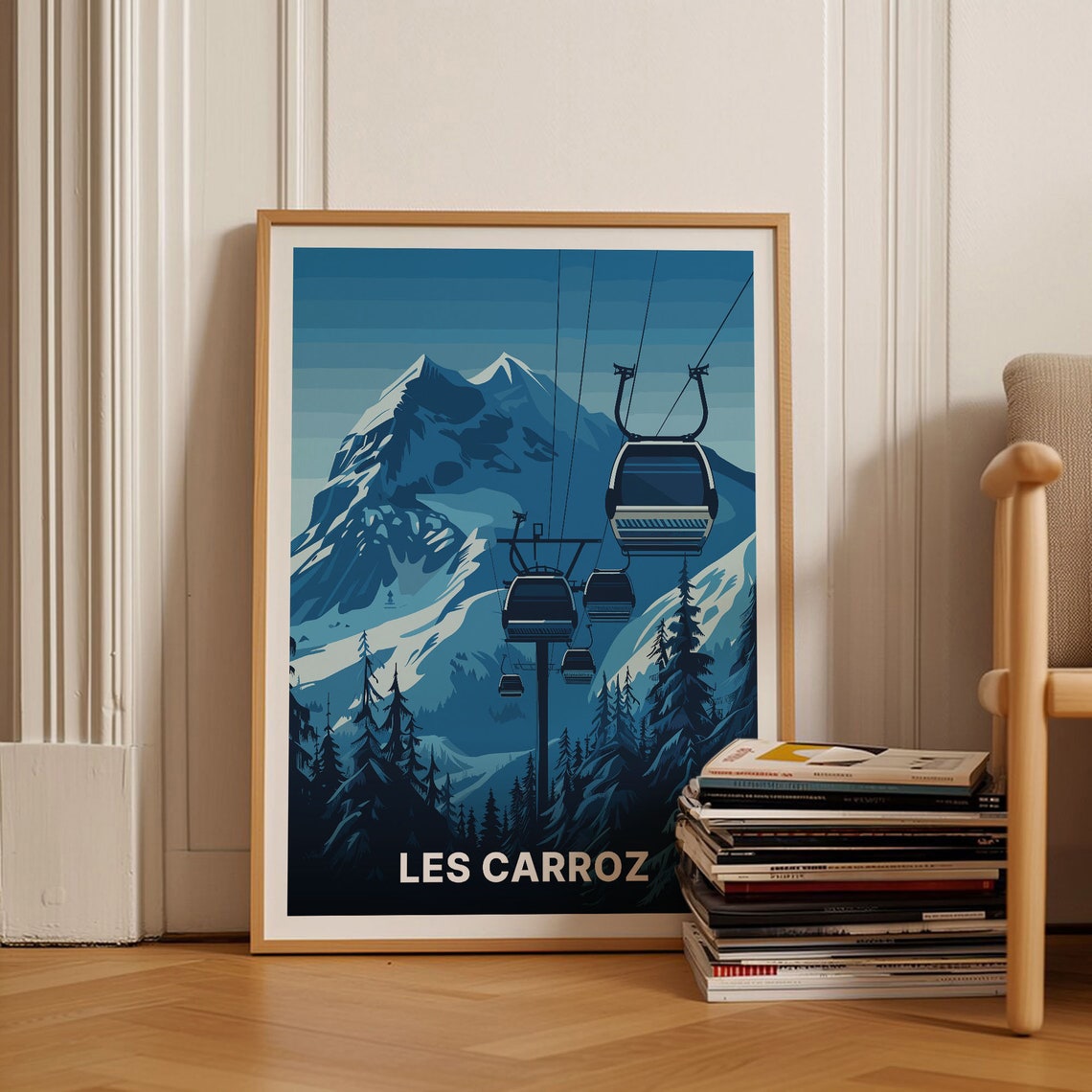 Les Carroz French Alps Gondola Night Snowy Peaks Retro Ski Poster