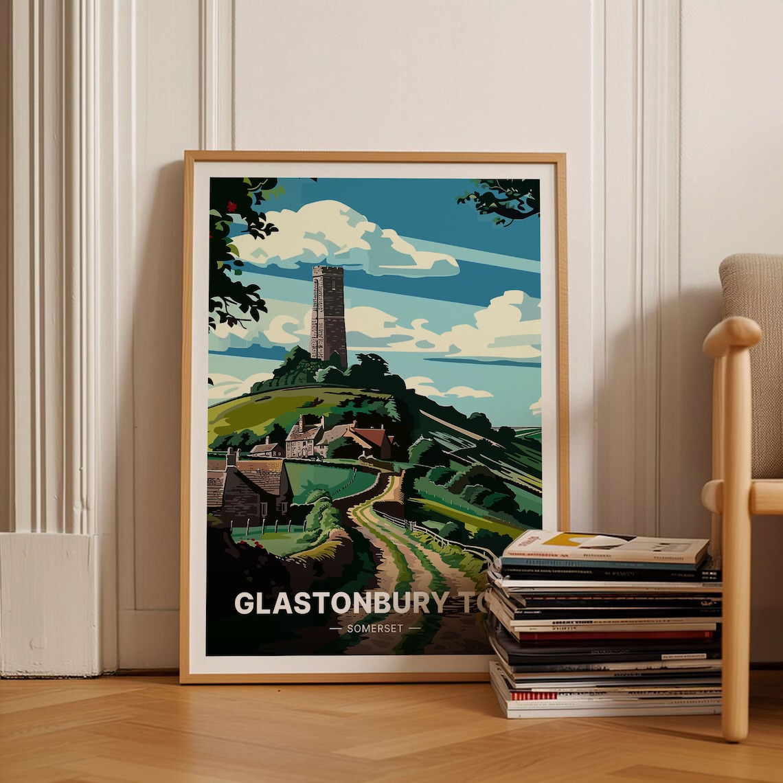 Glastonbury Tor Somerset England Green Hills Vintage Travel Poster