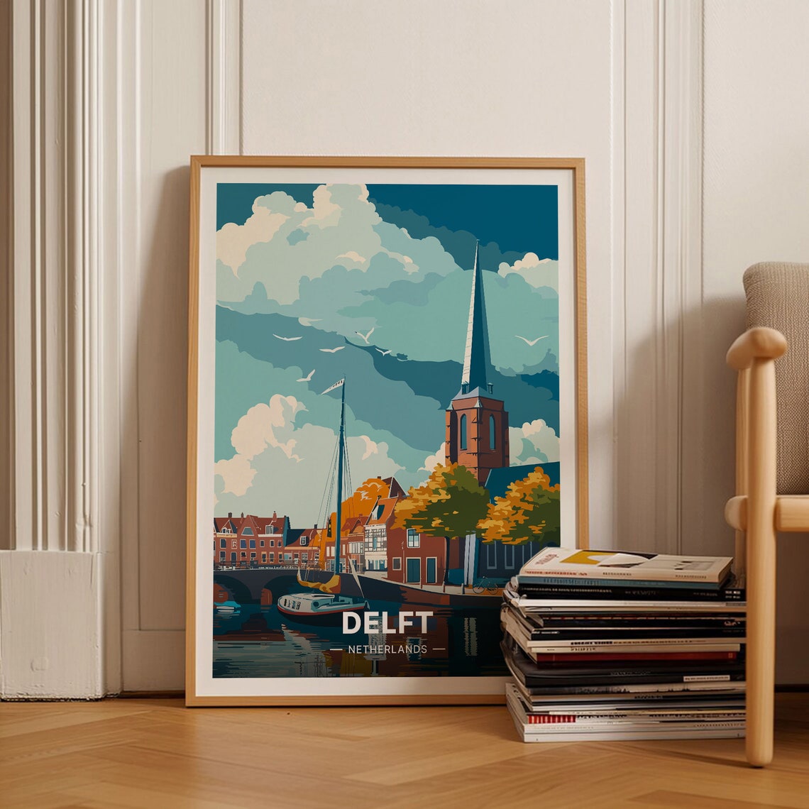 Delft Netherlands Canal Church Spire Historic Harbor Town Poster