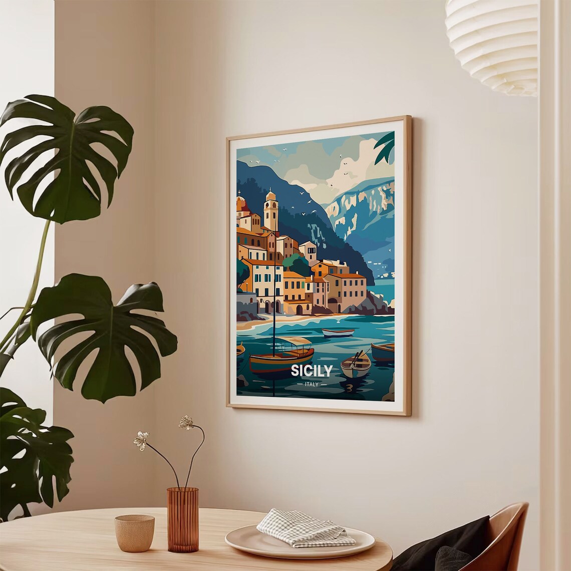 Sicily Italy Travel Poster Coastal Town Fishing Boats Seaside Art - Image 2