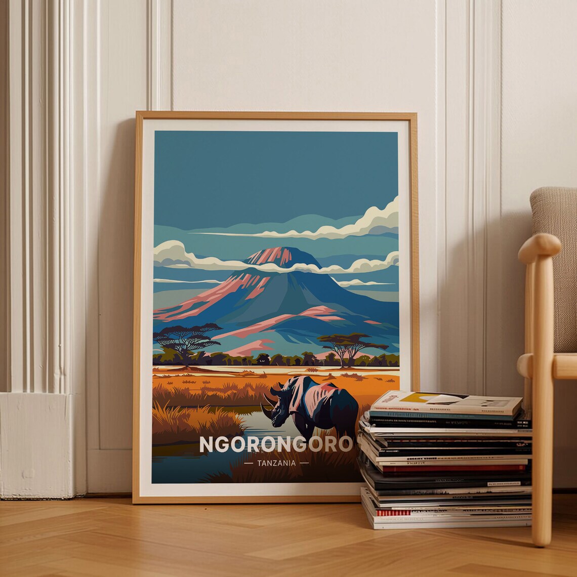 Ngorongoro Crater Travel Poster, Tanzania Safari Decor