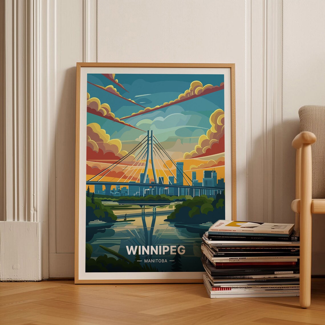 Winnipeg Manitoba Cable Stayed Bridge Skyline Sunset Travel Poster