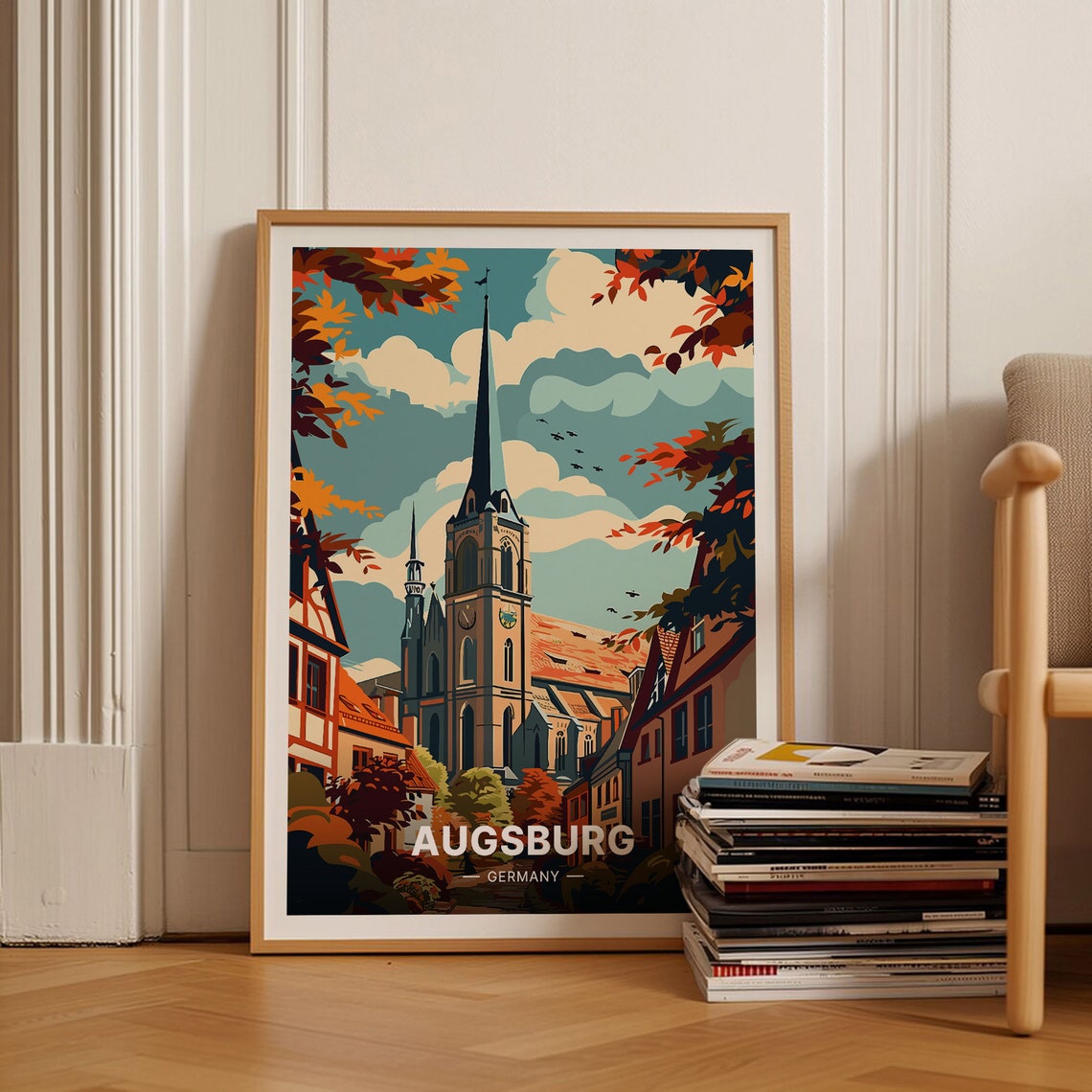 Augsburg Germany Church Spire Half Timbered Old Town Autumn Poster