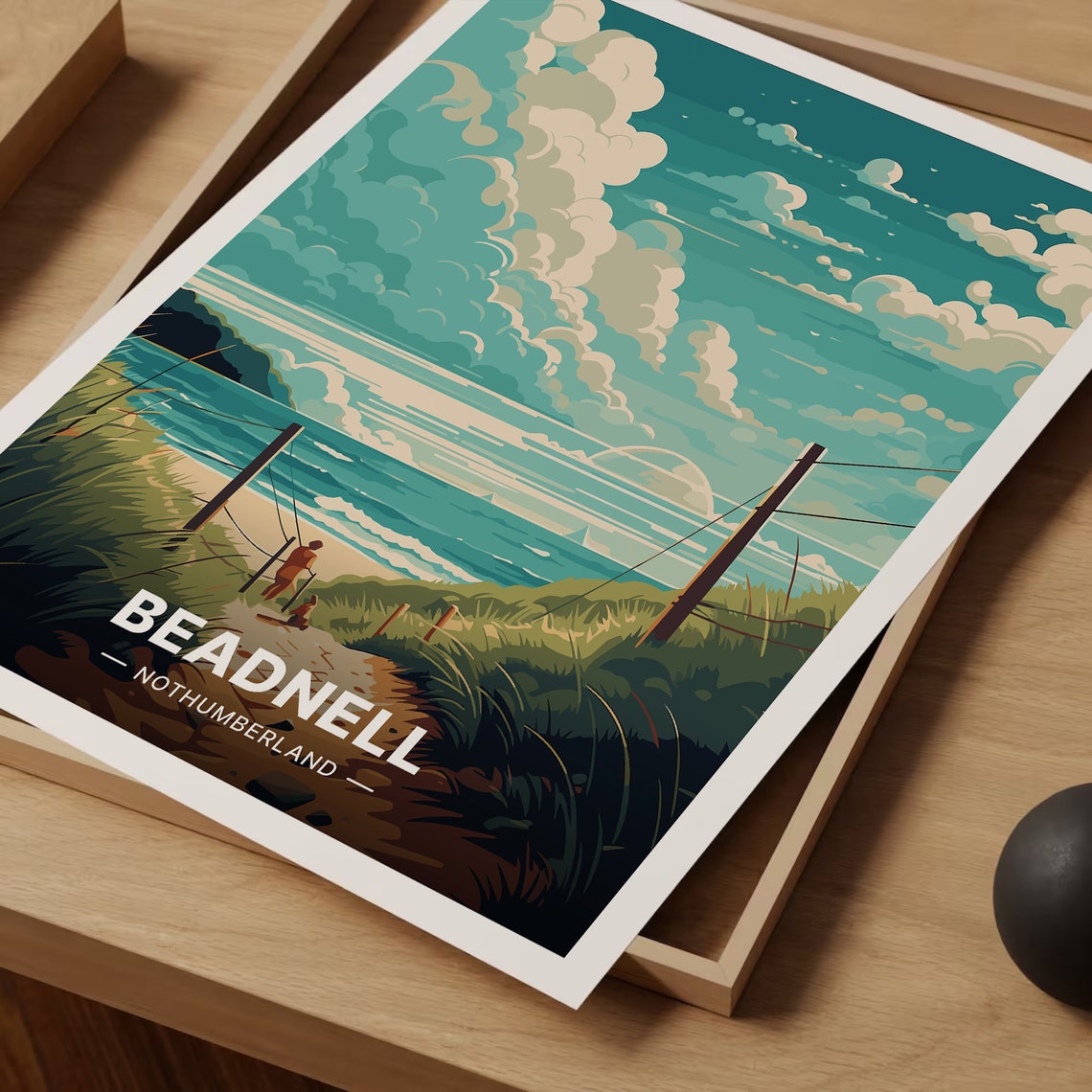Beadnell Northumberland Travel Poster Beach Dunes Path Clouds Art - Image 3
