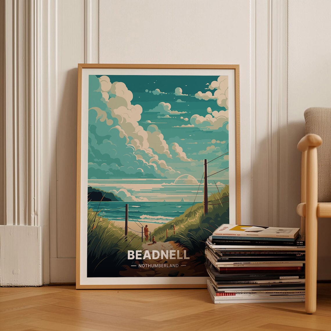 Beadnell Northumberland Travel Poster Beach Dunes Path Clouds Art