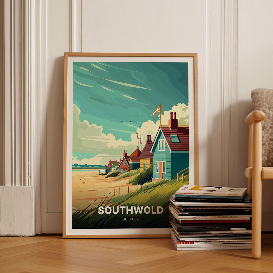 Southwold Suffolk Seaside Beach Huts Grassy Cliff Retro Vintage Poster
