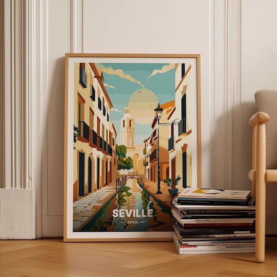 Seville Spain Old Town Street Canal Bell Tower Travel Poster