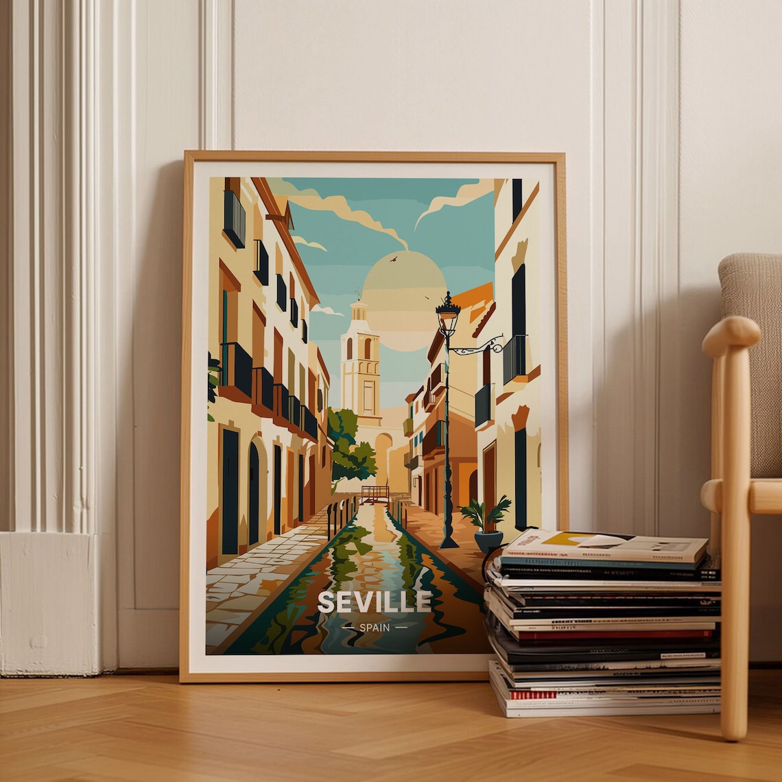 Seville Spain Old Town Street Canal Bell Tower Travel Poster