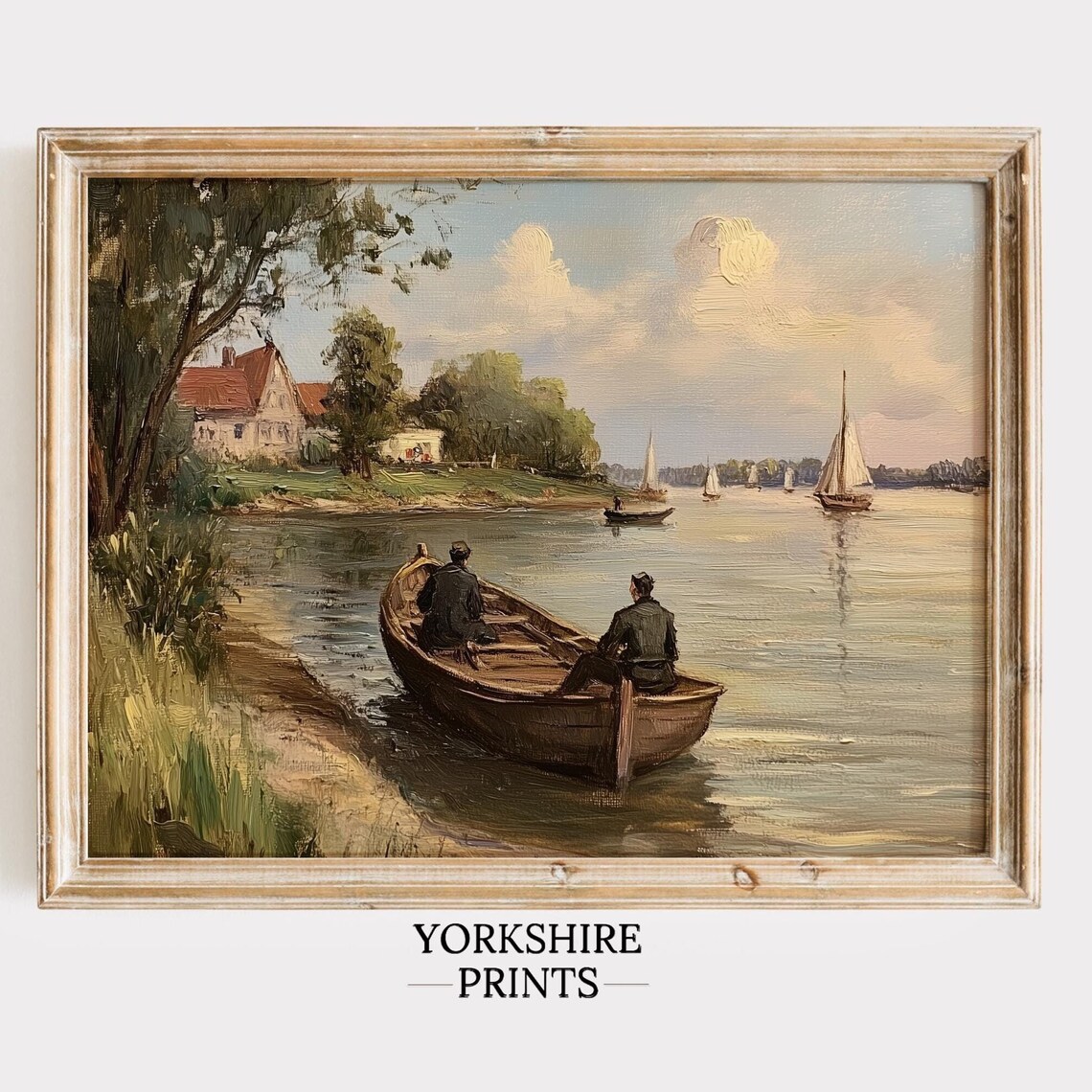 Fisherman In Boat On Lake, Vintage Oil Painting Art Print