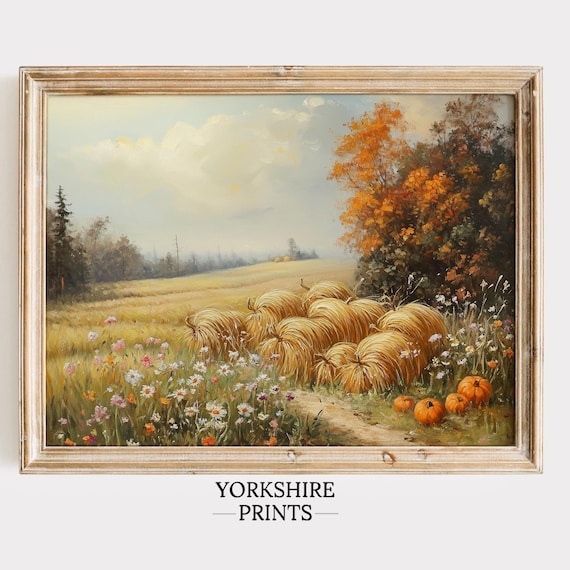 Autumn Harvest Hay Bales Pumpkin Field Fall Countryside Art Poster