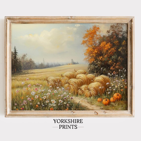 Farmhouse Pumpkin Barn Wall Art Moody Fall Barn Print Rustic Fall Art Decor Autumn Season Art Print Countryside Fall Painting