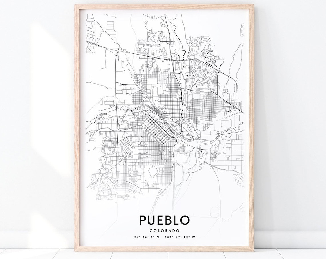 Pueblo Colorado Minimalist Black and White City Street Map Poster