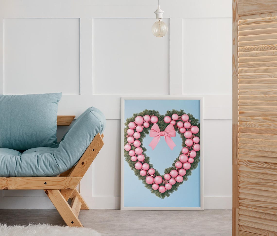 Pink Ornament Heart Wreath With Satin Bow On Blue Holiday Poster - Image 2
