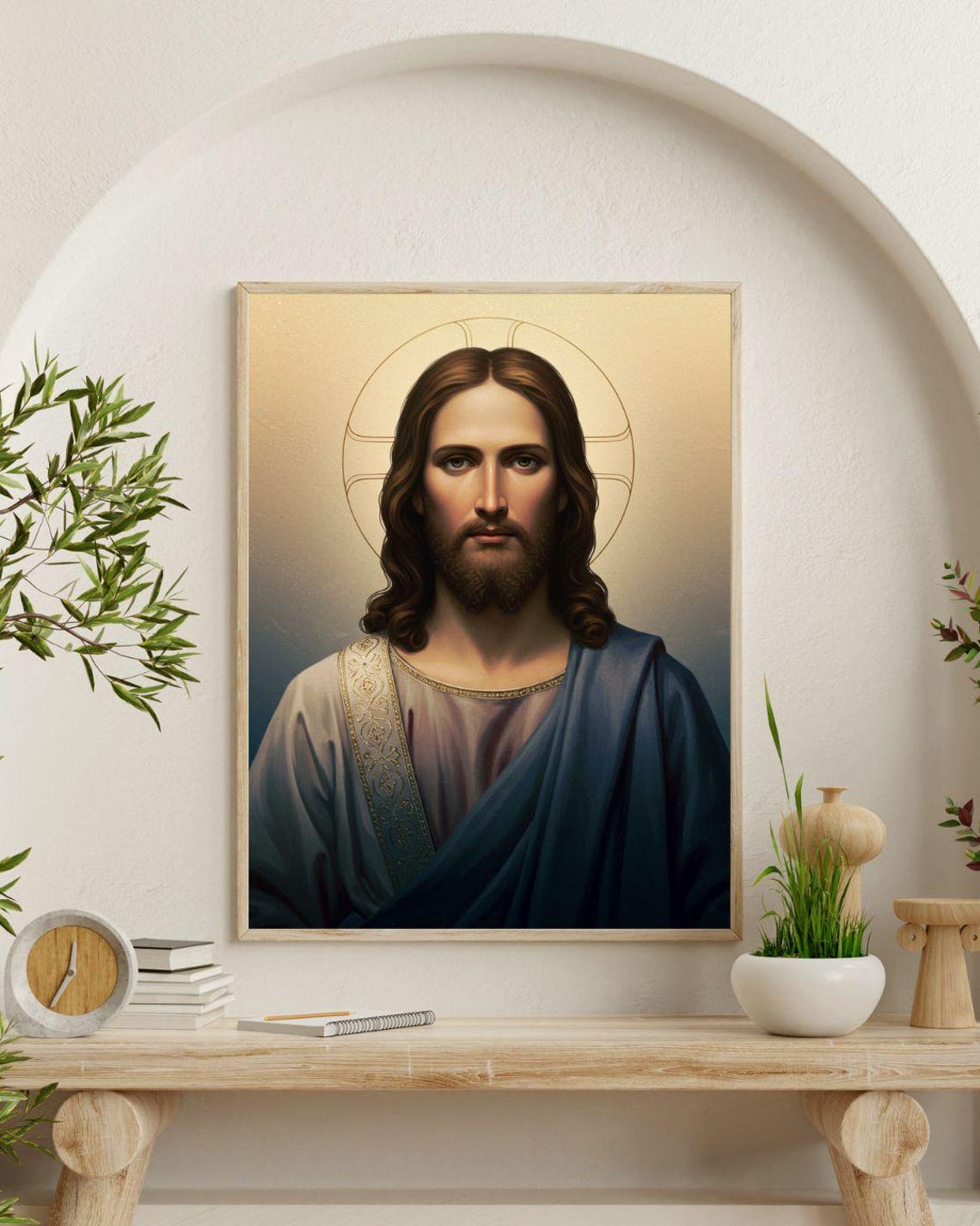 Jesus Christ Portrait with Halo in Regal Blue Robes Art Poster - Image 2