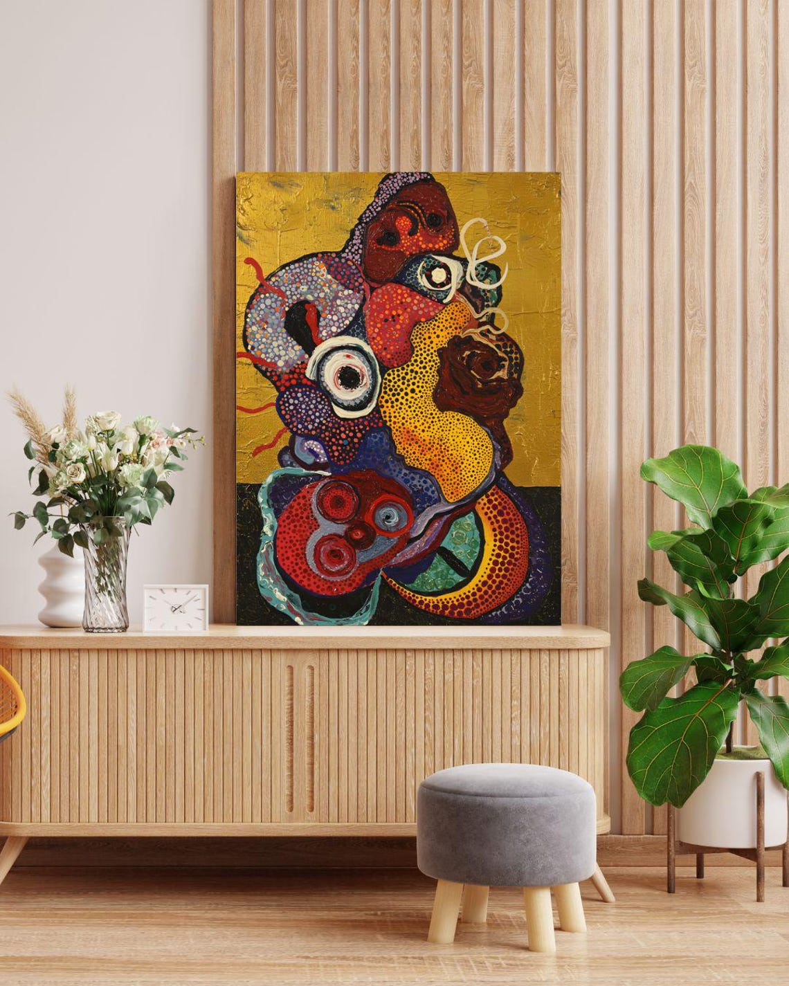 Psychedelic Dot Art Abstract with Organic Shapes on Gold Poster - Image 2