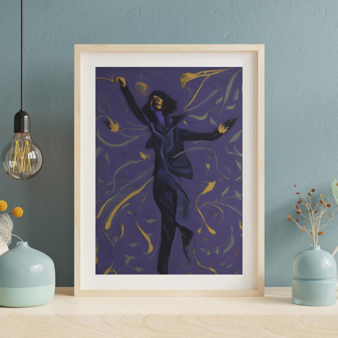 Bold Male Dancer in Dramatic Pose Amid Golden Swirls Art Poster