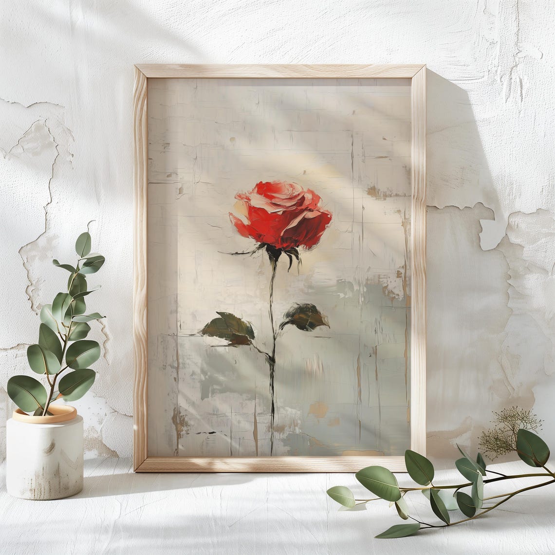 Single Red Rose On Cream Minimalist Floral Oil Painting Poster - Image 4
