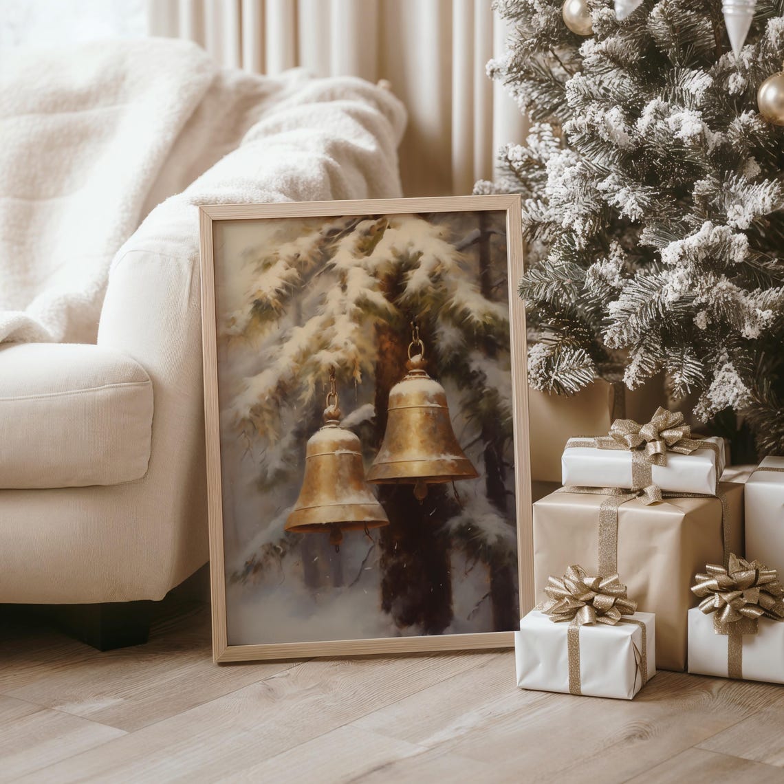 Vintage Christmas Jingle Bells Christmas Print Moody Painting Brass Bells Cozy Winter Farmhouse Holiday Decor Winter Xmas Wall Art - Image 3