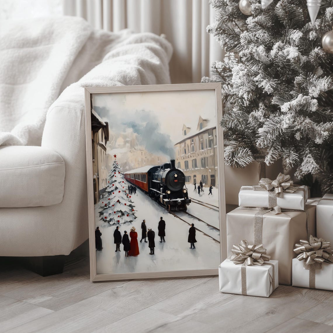 Steam Train at Snowy Station with Christmas Tree Crowd Poster - Image 4