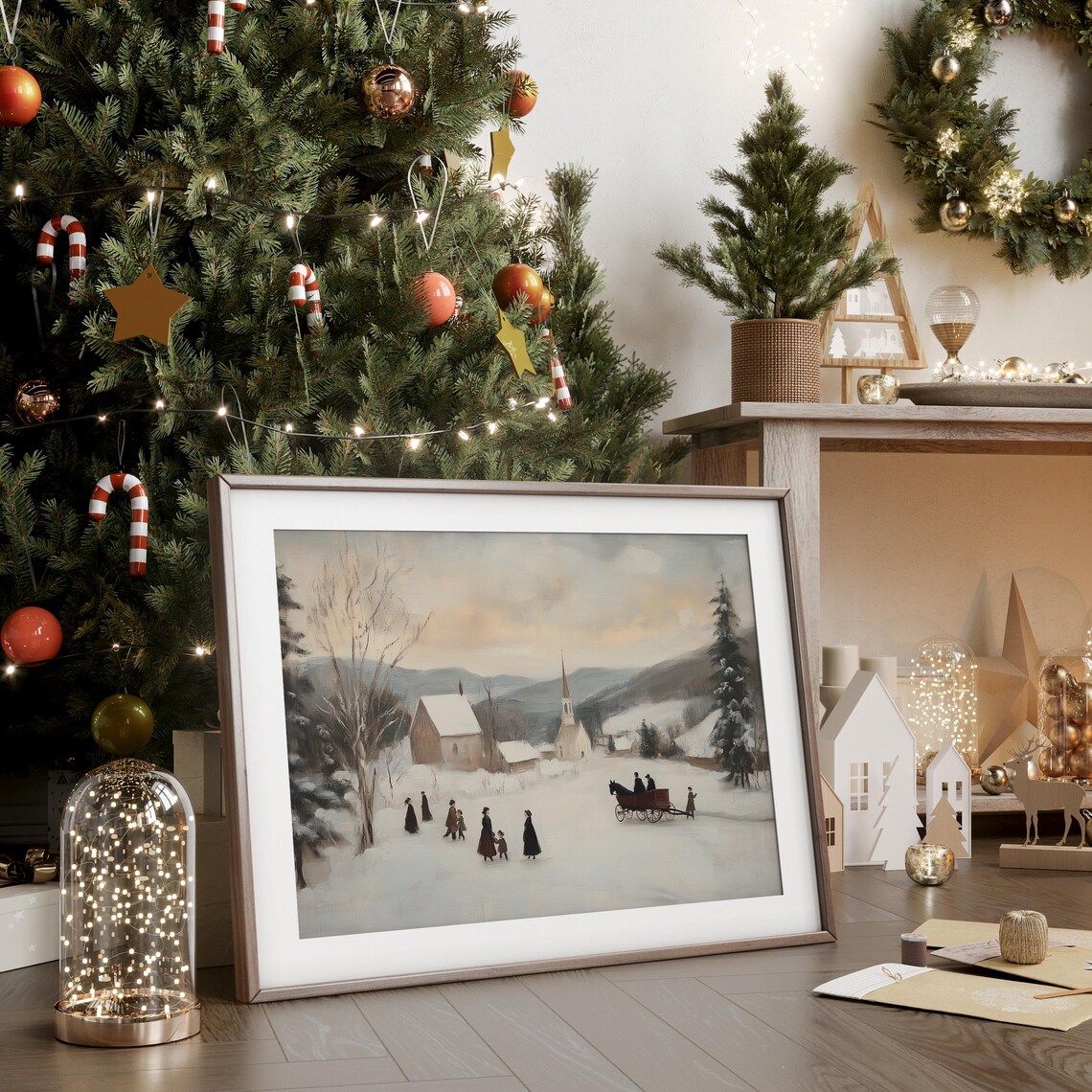 Vintage Winter Village Church Horse Sleigh Snowy Scene Poster - Image 3