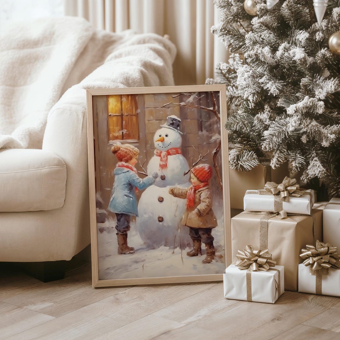 Two Children Building A Snowman By A Warmly Lit Window Poster - Image 3