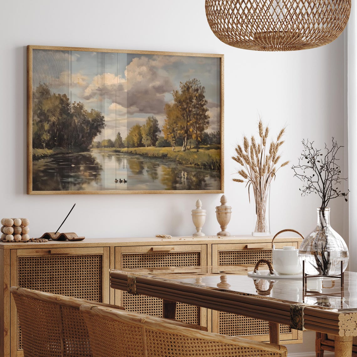Ducks Gliding Across a Glassy Autumn River Landscape Painting Poster - Image 4