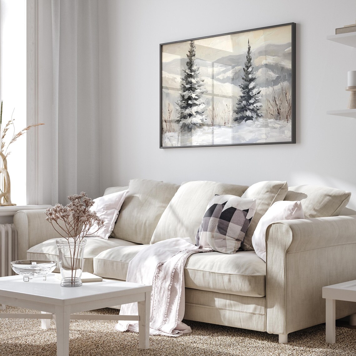 Two Snowy Evergreens Mountain Backdrop Winter Painting Poster - Image 2