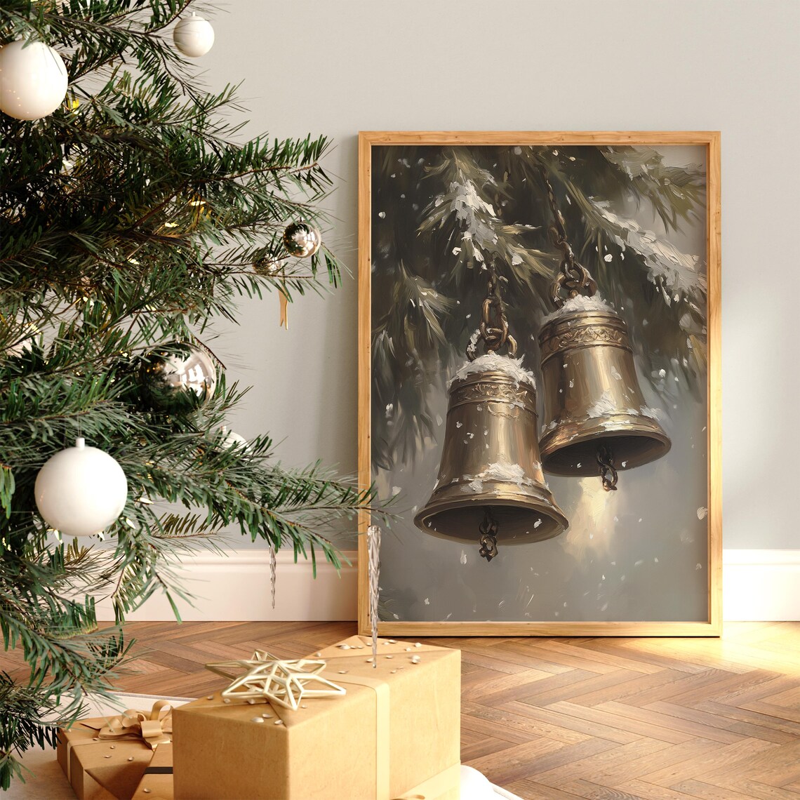 Snowy Brass Bells Moody Christmas Winter Farmhouse Art Poster - Image 2
