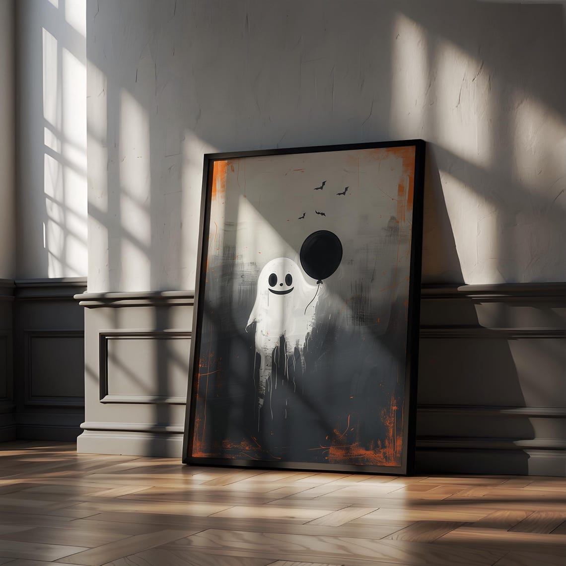 Cute Ghost Holding A Black Balloon With Flying Bats Party Poster - Image 3
