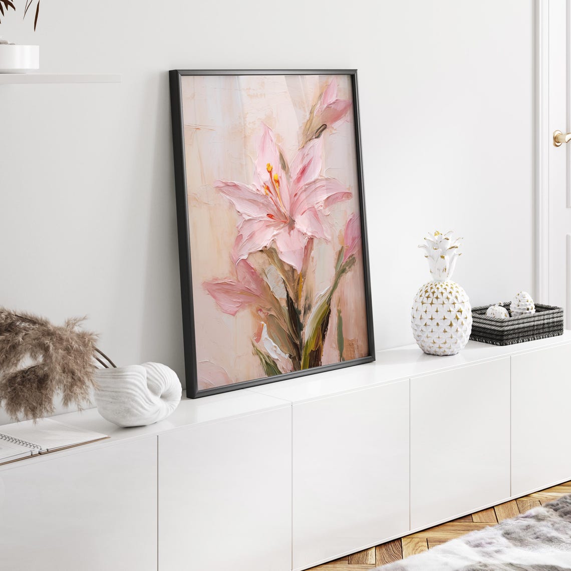 Blush Pink Lily in Textured Impasto Oil Painting Floral Poster - Image 2