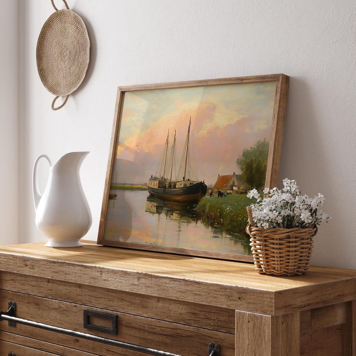 Vintage Sailing Ship at Sunset Harbor River Nautical Art Poster - Image 2