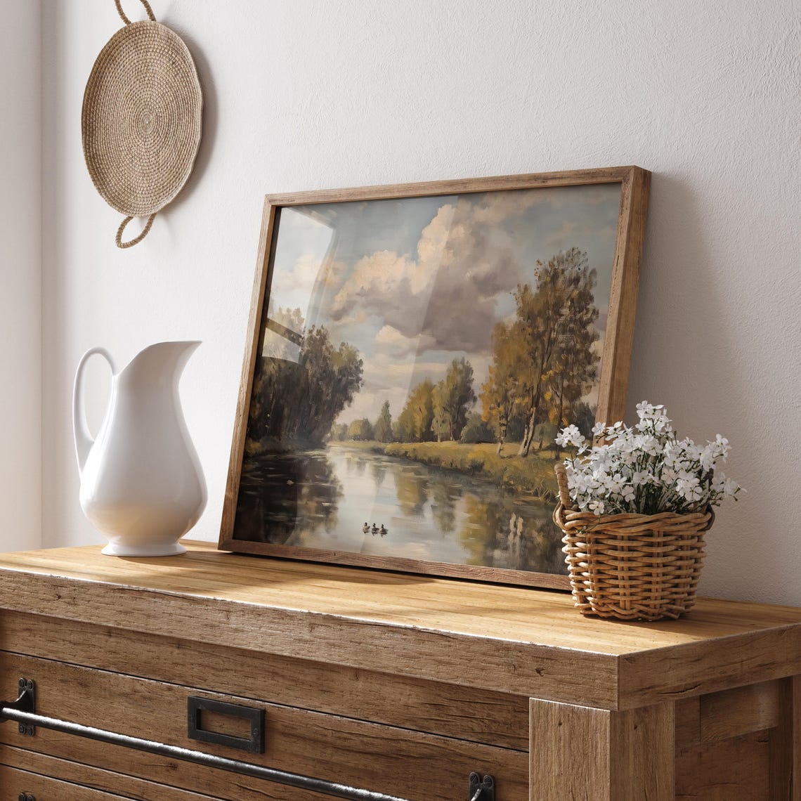Ducks Gliding Across a Glassy Autumn River Landscape Painting Poster - Image 3