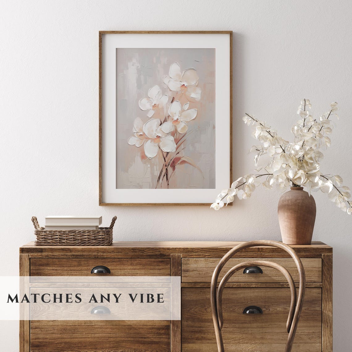 White Orchid Blooms in Soft Beige Textured Impasto Floral Poster - Image 3