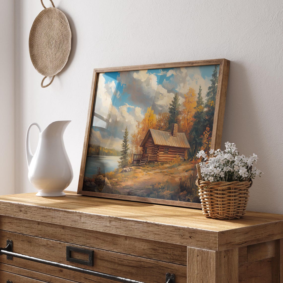 Log Cabin with Stone Chimney Among Glowing Autumn Trees Poster - Image 4