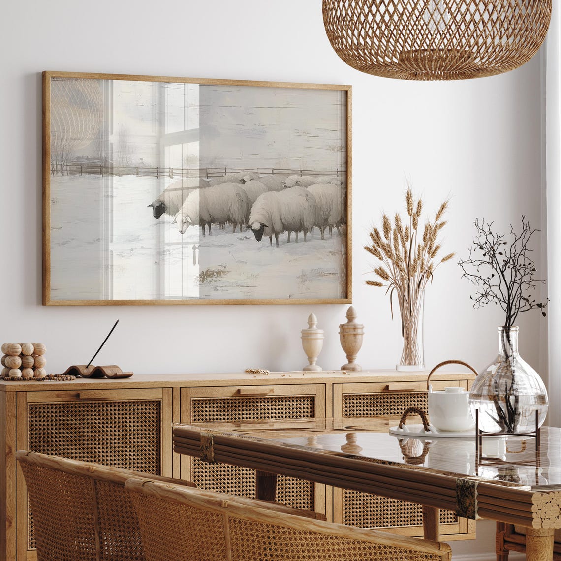 Flock of Sheep Grazing in Snowy Field Winter Painting Poster - Image 3