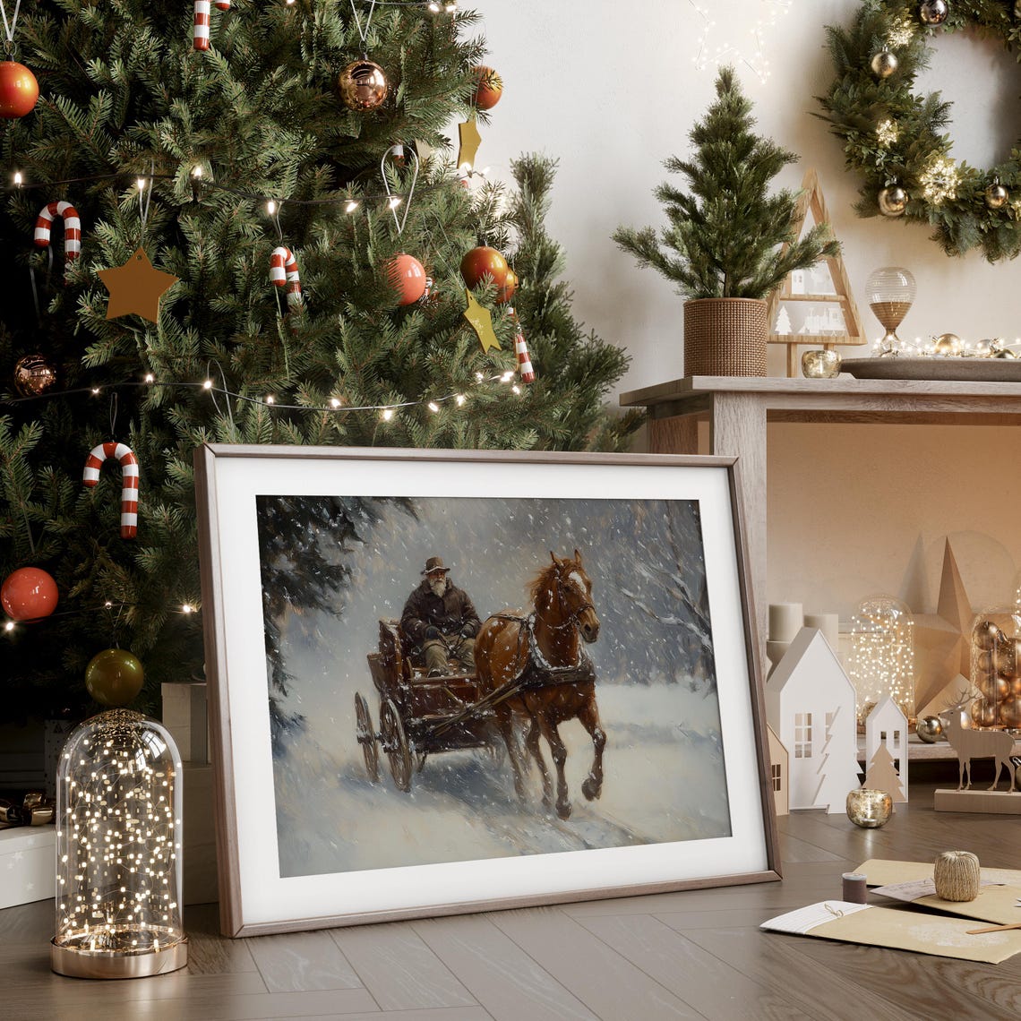 Vintage Horse Painting Vintage Holiday Farmhouse Oil Painting Sleigh Ride Wall Art Country Christmas Landscape Xmas Wall Art - Image 4