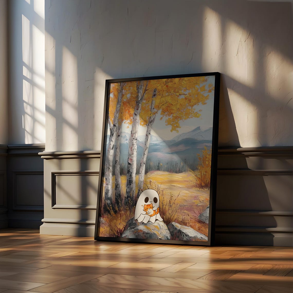 Cute Ghost Hugging an Orange Cat in Autumn Birch Forest Poster - Image 4