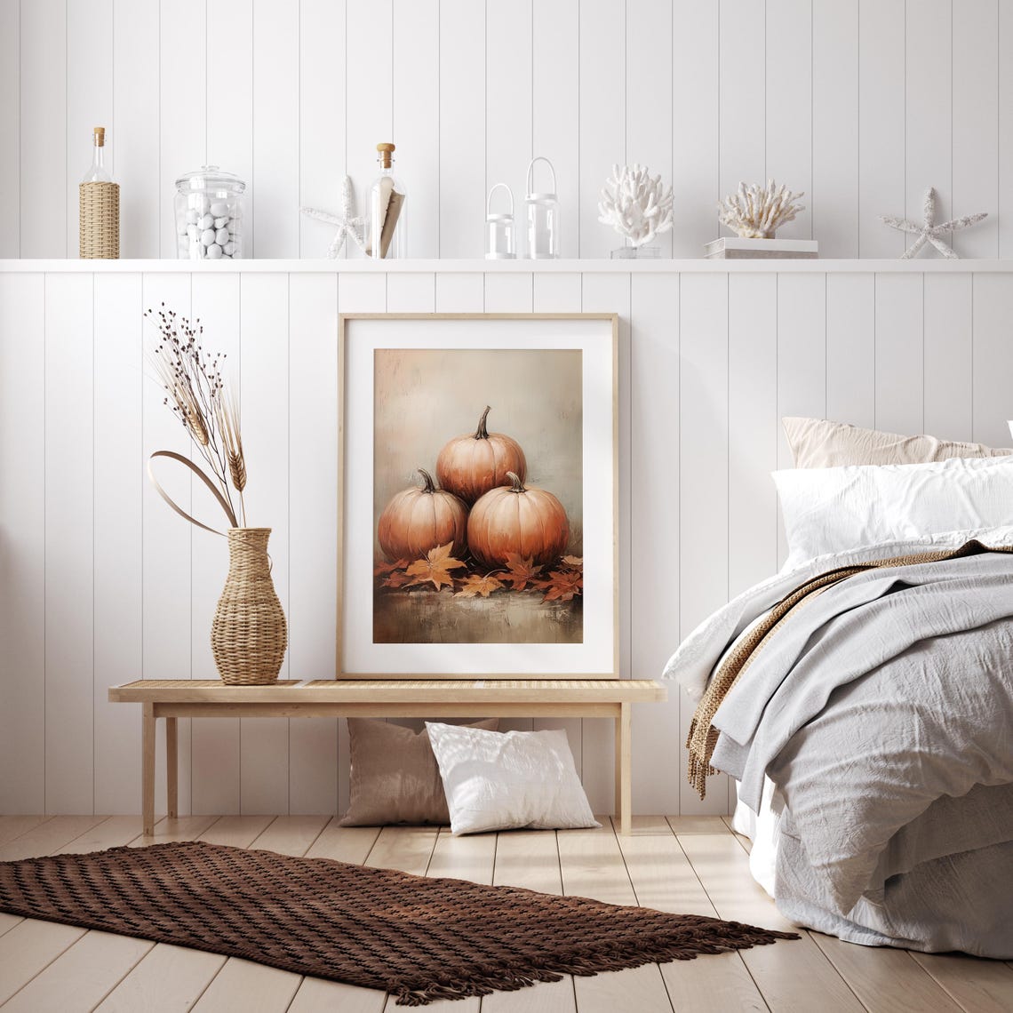 Three Orange Pumpkins Among Maple Leaves Still Life Painting Poster - Image 3
