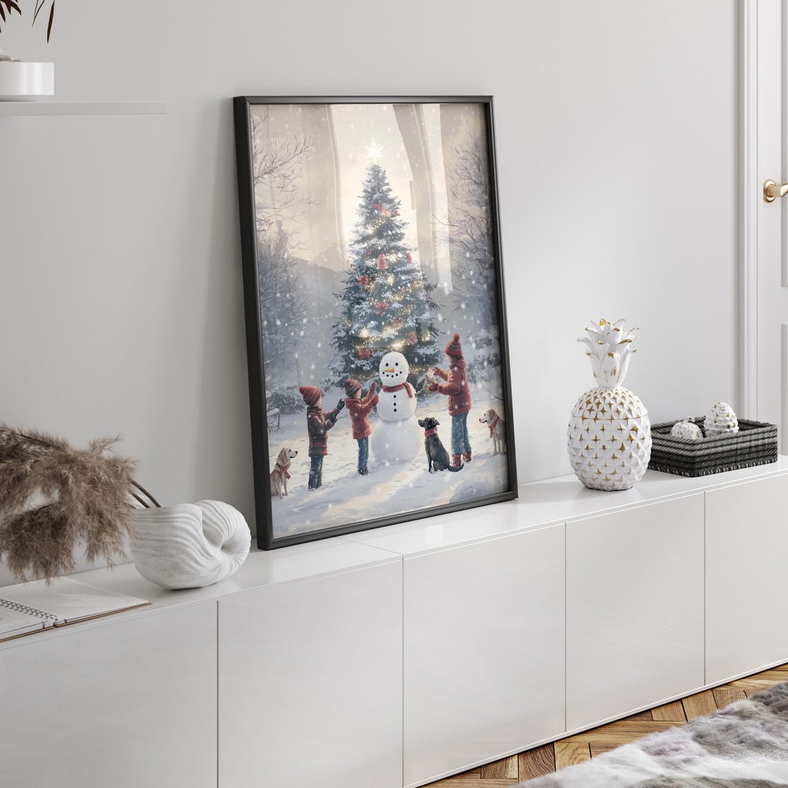 Children Building Snowman with Decorated Christmas Tree Poster - Image 2