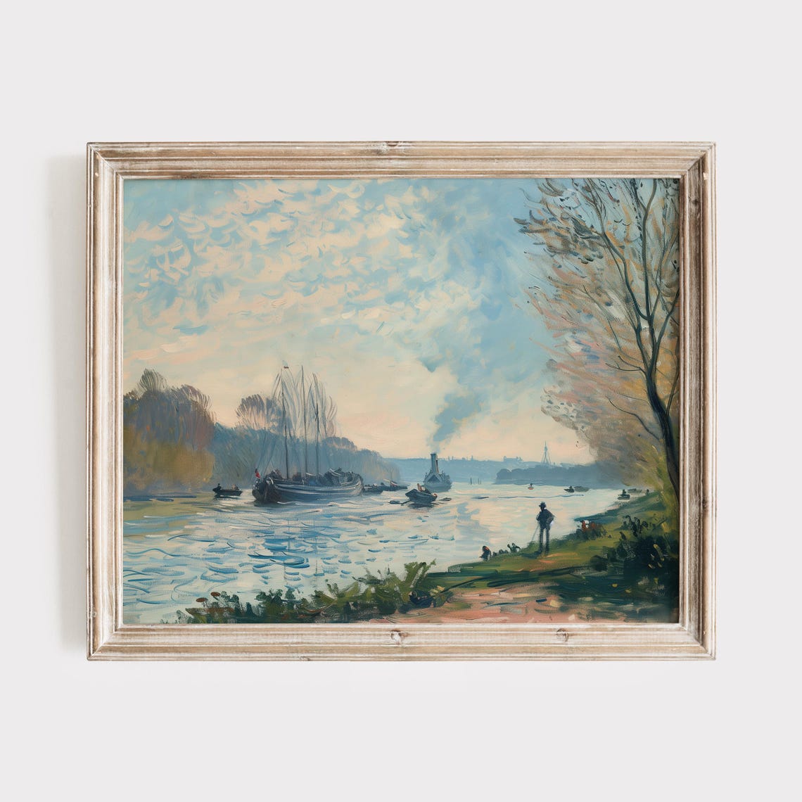 Impressionist River Scene, Vintage Boat Landscape